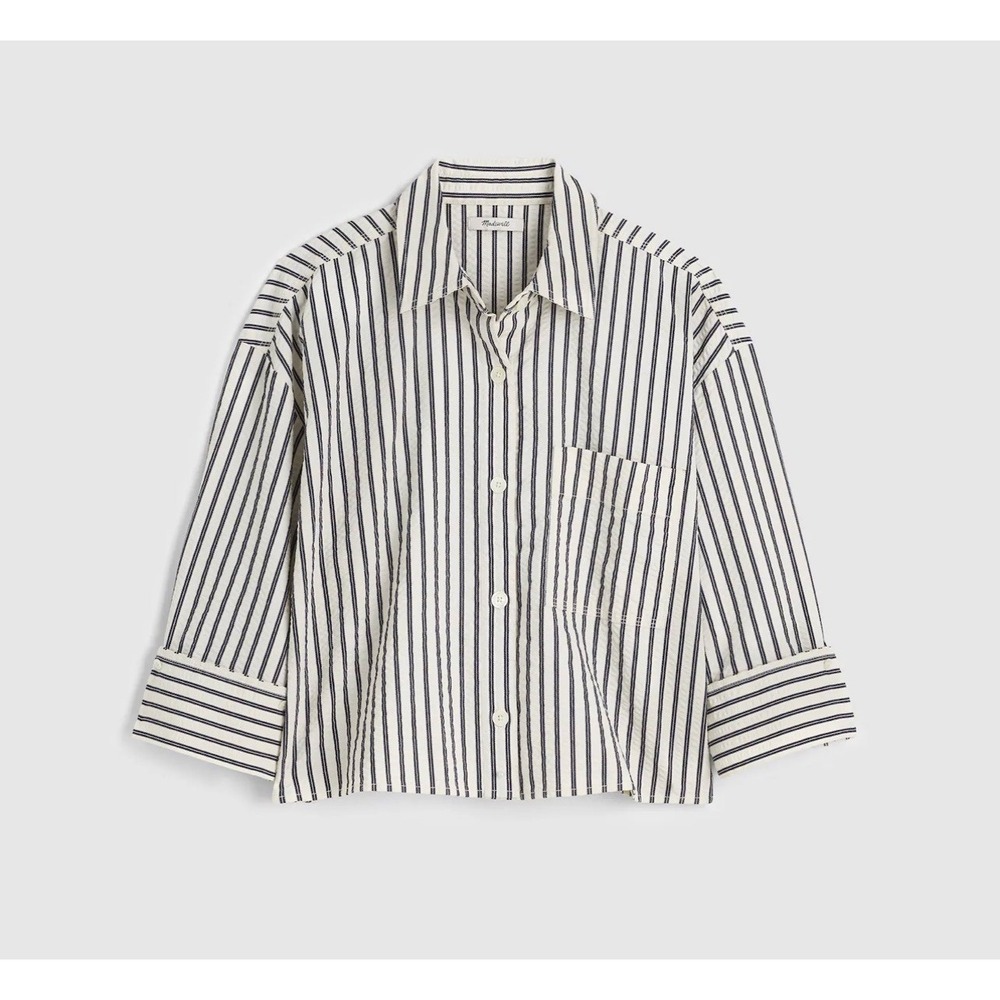 Madewell Womens Blue Stripe Straight Hem Button Front Boxy Shirt M Medium New
